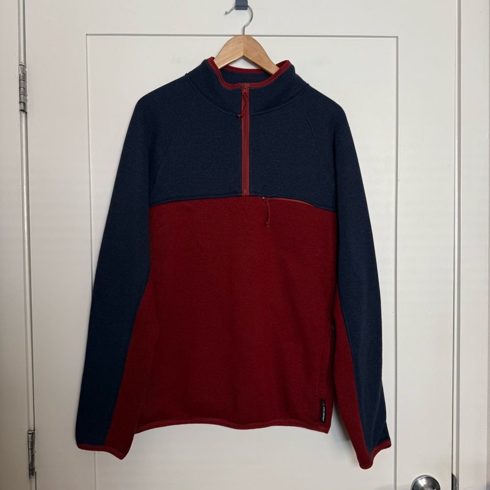 J Crew Nordic Polartec Sweater Men Sz L Red Navy 1/4 Zip Fleece Pullover Outdoor